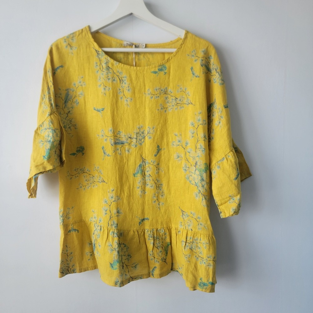 Valentina Naldi women's 100% Linen Floral top size S Cottage Coastal Lagenlook